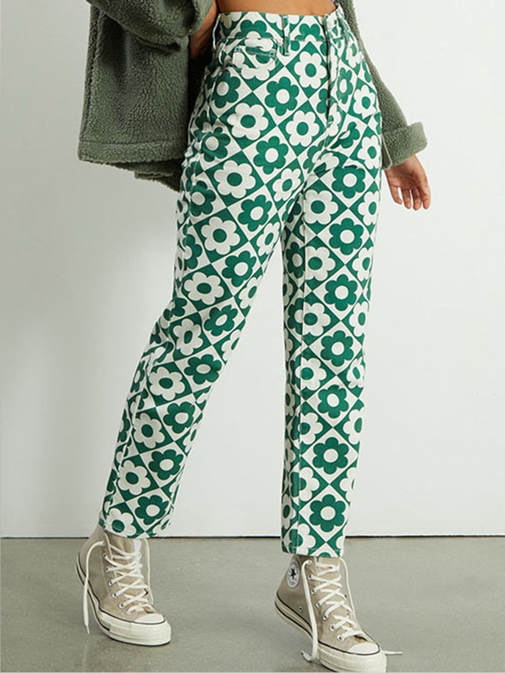 PacSun High Rise Straight Leg Jeans 26 Green White Mod Floral Retro Cotton